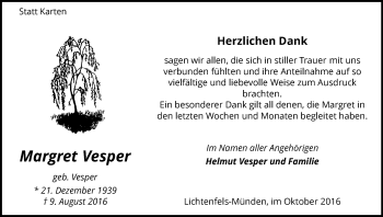 Traueranzeige von Margret Vesper von Waldeckische Landeszeitung