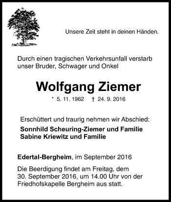 Traueranzeige von Wolfgang Ziemer von Waldeckische Landeszeitung