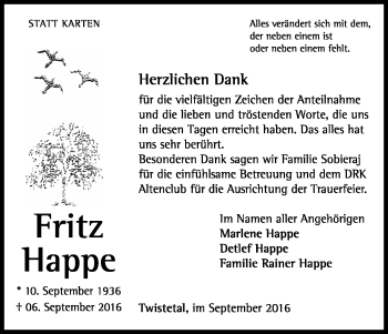 Traueranzeige von Fritz Happe von Waldeckische Landeszeitung