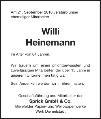 Traueranzeige von Willi Heinemann von Waldeckische Landeszeitung