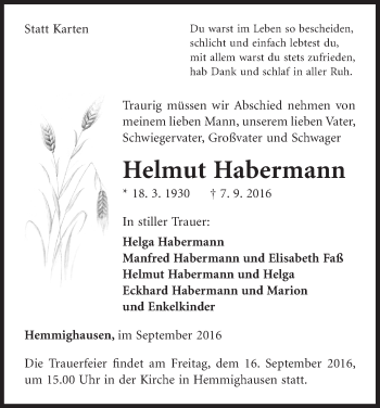 Traueranzeige von Helmut Habermann von Waldeckische Landeszeitung