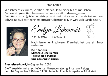 Traueranzeige von Evelyn Lukawski von Waldeckische Landeszeitung