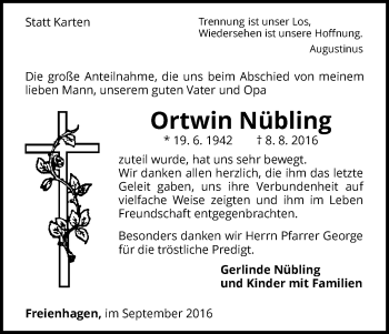 Traueranzeige von Ortwin Nübling von Waldeckische Landeszeitung