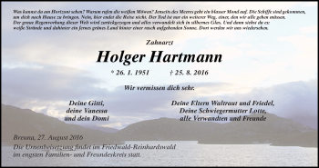 Traueranzeige von Holger Hartmann von Waldeckische Landeszeitung