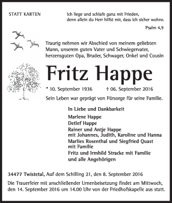 Traueranzeige von Fritz Happe von Waldeckische Landeszeitung