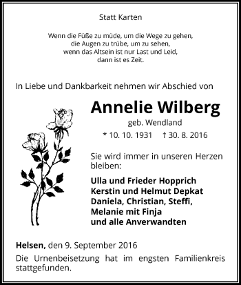 Traueranzeige von Annelie Wilberg von Waldeckische Landeszeitung