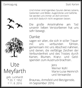 Traueranzeige von Ute Meyfarth von Waldeckische Landeszeitung