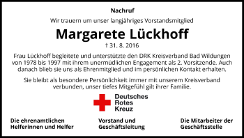 Traueranzeige von Margarete Lückhoff von Waldeckische Landeszeitung