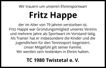 Traueranzeige von Fritz Happe von Waldeckische Landeszeitung