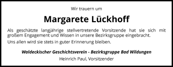 Traueranzeige von Margarete Lückhoff von Waldeckische Landeszeitung