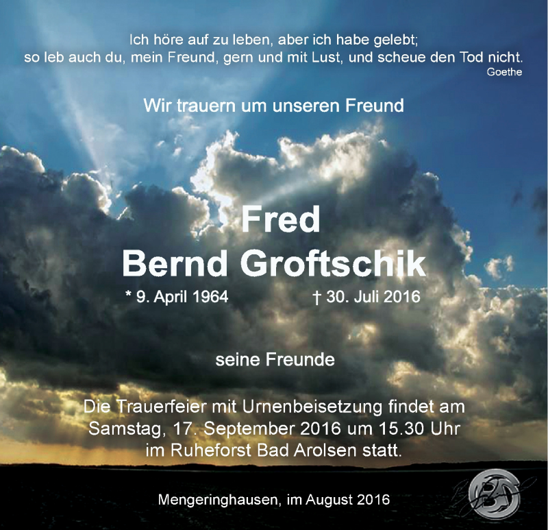  Traueranzeige für Fred Bernd Groftschik vom 10.09.2016 aus Waldeckische Landeszeitung