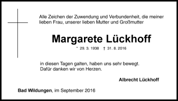 Traueranzeige von Margarete Lückhoff von Waldeckische Landeszeitung