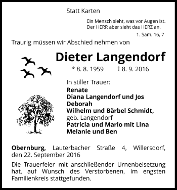 Traueranzeige von Dieter Langendorf von Waldeckische Landeszeitung