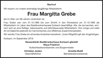 Traueranzeige von Margitta Grebe von Waldeckische Landeszeitung