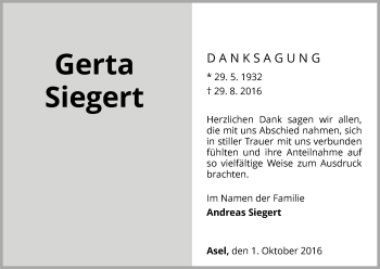 Traueranzeige von Gerta Siegert von Waldeckische Landeszeitung