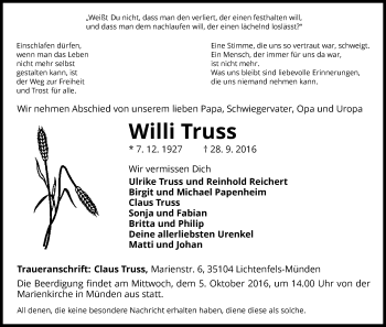 Traueranzeige von Willi Truss von Waldeckische Landeszeitung