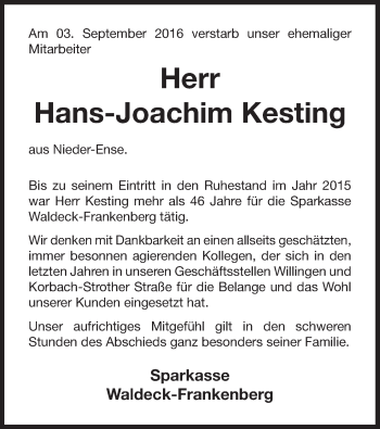 Traueranzeige von Hans-Joachim Kesting von Waldeckische Landeszeitung