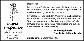 Traueranzeige von Ingrid Hagebusch von Waldeckische Landeszeitung