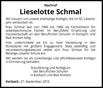 Traueranzeige von Lieselotte Schmal von Waldeckische Landeszeitung