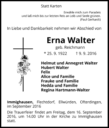 Traueranzeige von Erna Walter von Waldeckische Landeszeitung