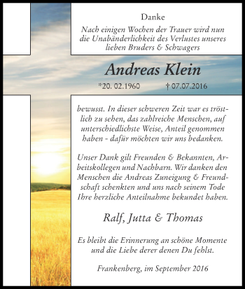 Traueranzeige von Andreas Klein von Waldeckische Landeszeitung