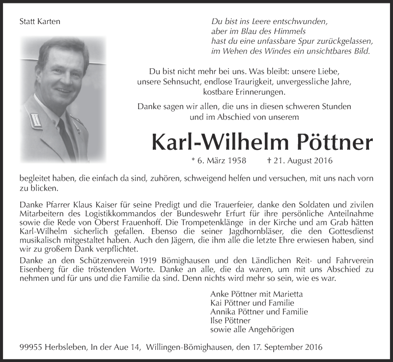  Traueranzeige für Karl-Wilhelm Pöttner vom 17.09.2016 aus Waldeckische Landeszeitung