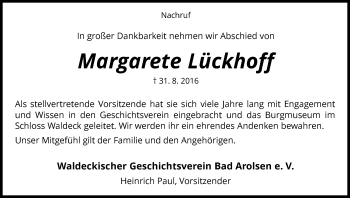 Traueranzeige von Margarete Lückhoff von Waldeckische Landeszeitung