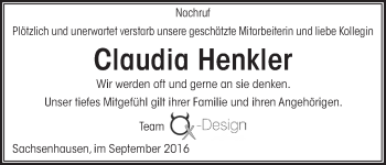 Traueranzeige von Claudia Henkler von Waldeckische Landeszeitung