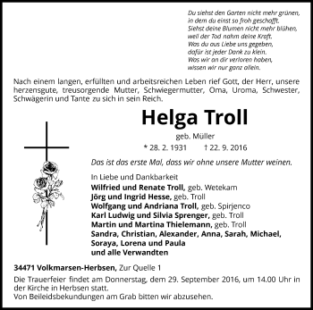 Traueranzeige von Helga Troll von Waldeckische Landeszeitung