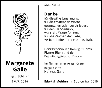 Traueranzeige von Margarete Galle von Waldeckische Landeszeitung