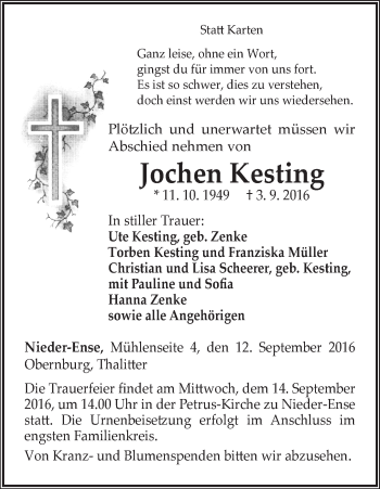 Traueranzeige von Jochen Kesting von Waldeckische Landeszeitung