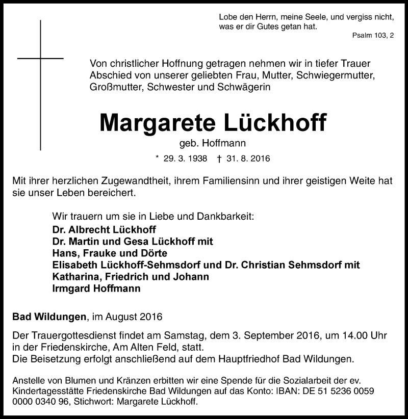  Traueranzeige für Margarete Lückhoff vom 01.09.2016 aus Waldeckische Landeszeitung