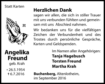 Traueranzeige von Angelika Freund von Waldeckische Landeszeitung