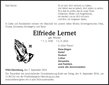 Traueranzeige von Elfriede Lernet von Waldeckische Landeszeitung