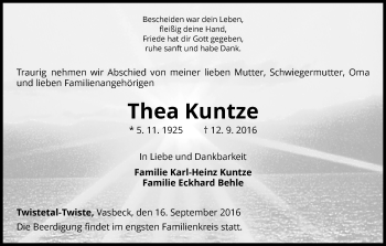 Traueranzeige von Thea Kuntze von Waldeckische Landeszeitung