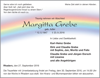 Traueranzeige von Margitta Grebe von Waldeckische Landeszeitung