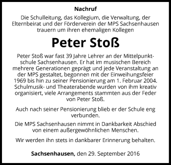 Traueranzeige von Peter Stoß von Waldeckische Landeszeitung