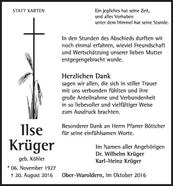 Traueranzeige von Ilse Krüger von Waldeckische Landeszeitung