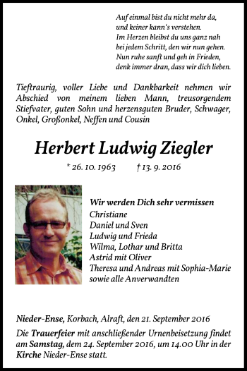 Traueranzeige von Herbert Ludwig Ziegler von Waldeckische Landeszeitung