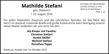 Traueranzeige von Mathilde Stefani von Waldeckische Landeszeitung