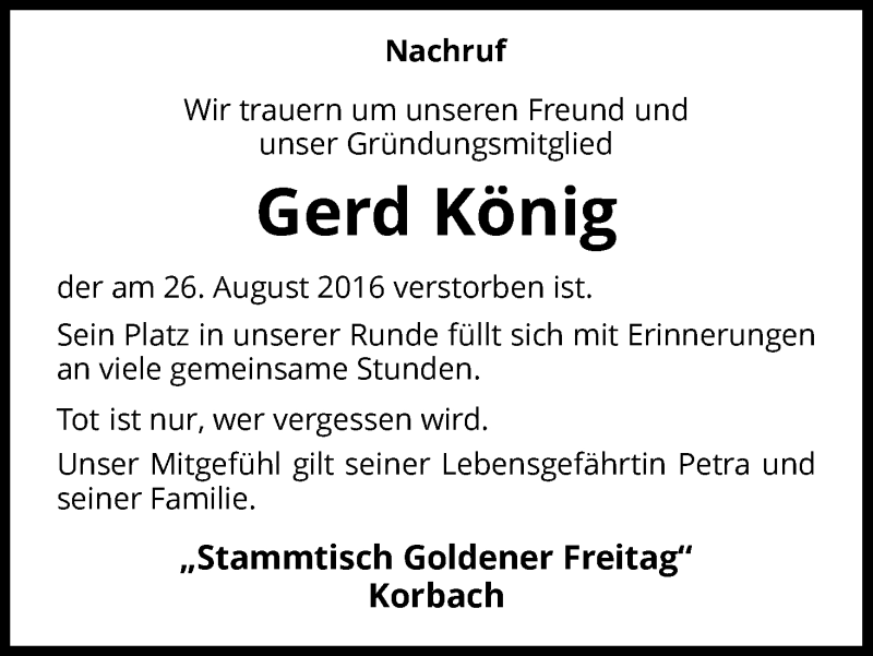  Traueranzeige für Gerd König vom 09.09.2016 aus Waldeckische Landeszeitung