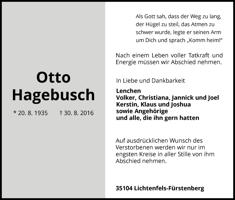  Traueranzeige für Otto Hagebusch vom 01.09.2016 aus Waldeckische Landeszeitung