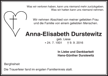 Traueranzeige von Anna-Elisabeth Durstewitz von Waldeckische Landeszeitung