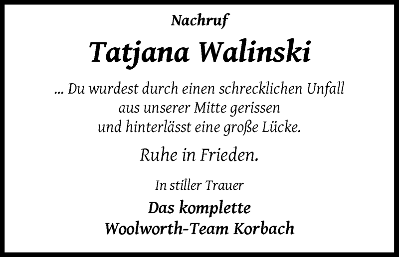  Traueranzeige für Tatjana Walinski vom 01.09.2016 aus Waldeckische Landeszeitung