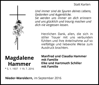 Traueranzeige von Magdalene Hammer von Waldeckische Landeszeitung