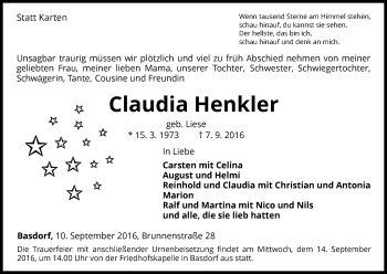 Traueranzeige von Claudia Henkler von Waldeckische Landeszeitung