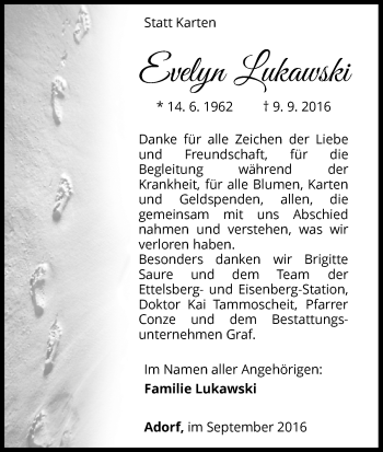 Traueranzeige von Evelyn Lukawski von Waldeckische Landeszeitung