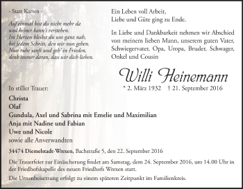 Traueranzeige von Willi Heinemann von Waldeckische Landeszeitung