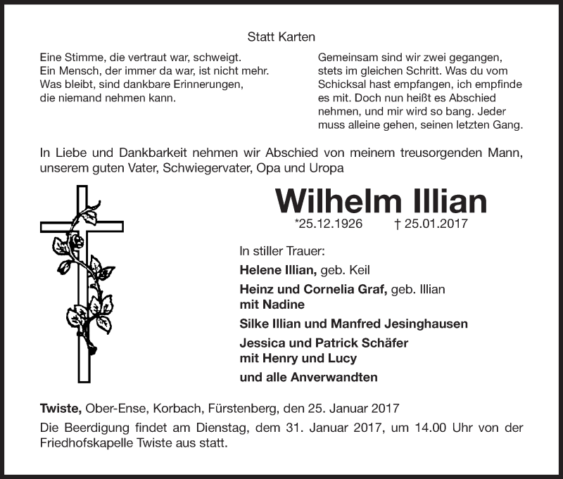  Traueranzeige für Wilhelm Illian vom 27.01.2017 aus Waldeckische Landeszeitung