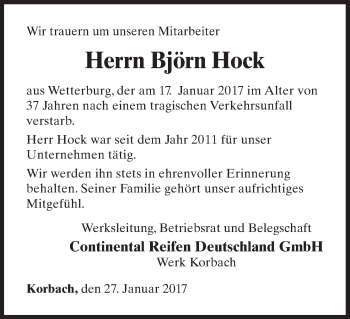 Traueranzeige von Björn Hock von Waldeckische Landeszeitung